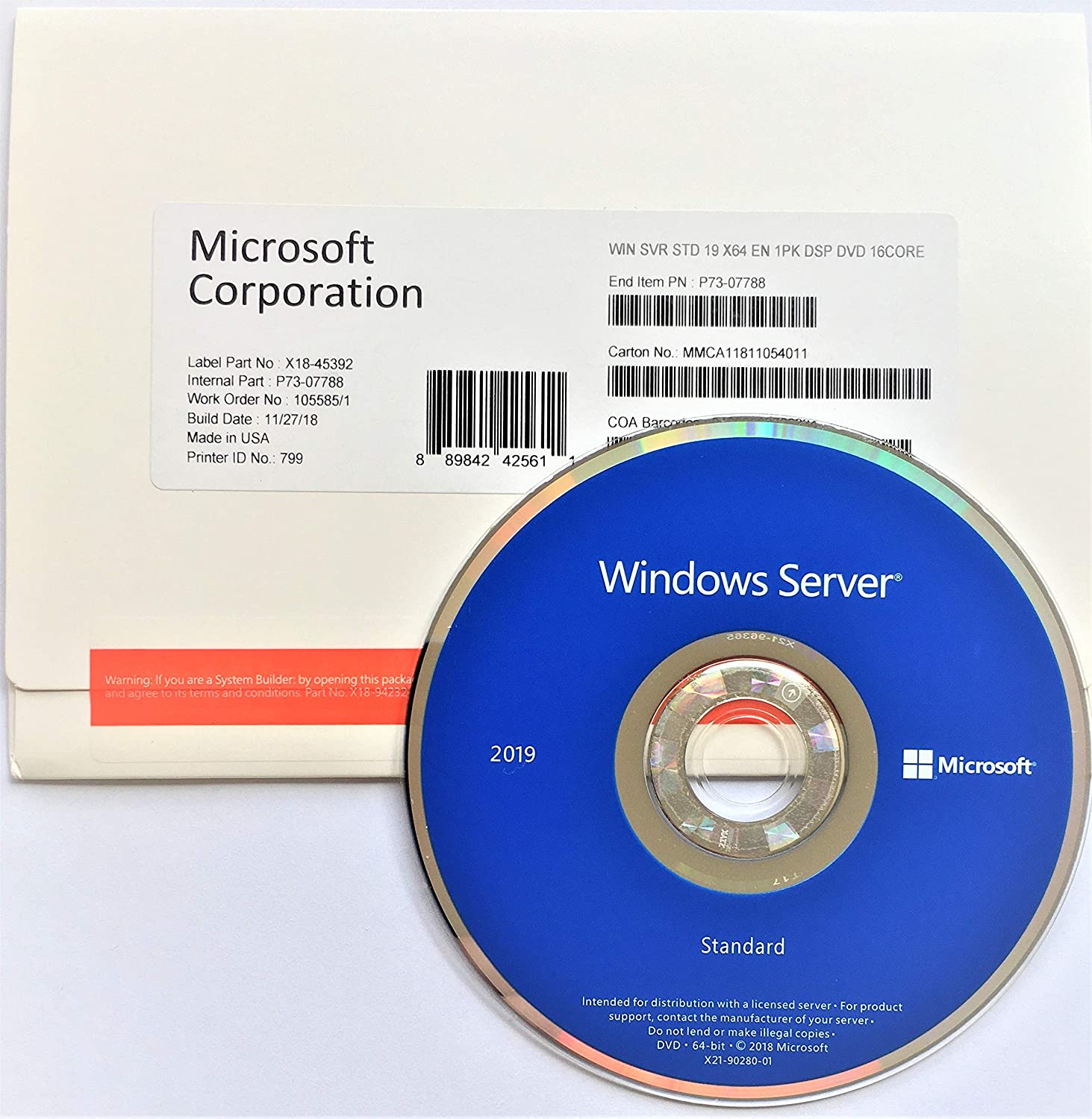 Windows Svr Std 2019 64Bit English 1pk DSP OEI DVD 16 Core (P73 